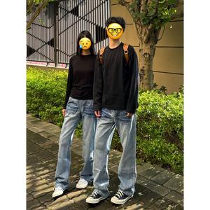 1506/QT89100/P47浅色磨白闪电竹节纹牛仔裤直筒拖地男女款2图片