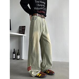 1506/QT89000/P47条纹阔腿牛仔裤男潮牌宽松水洗做旧直筒阔腿长裤图片