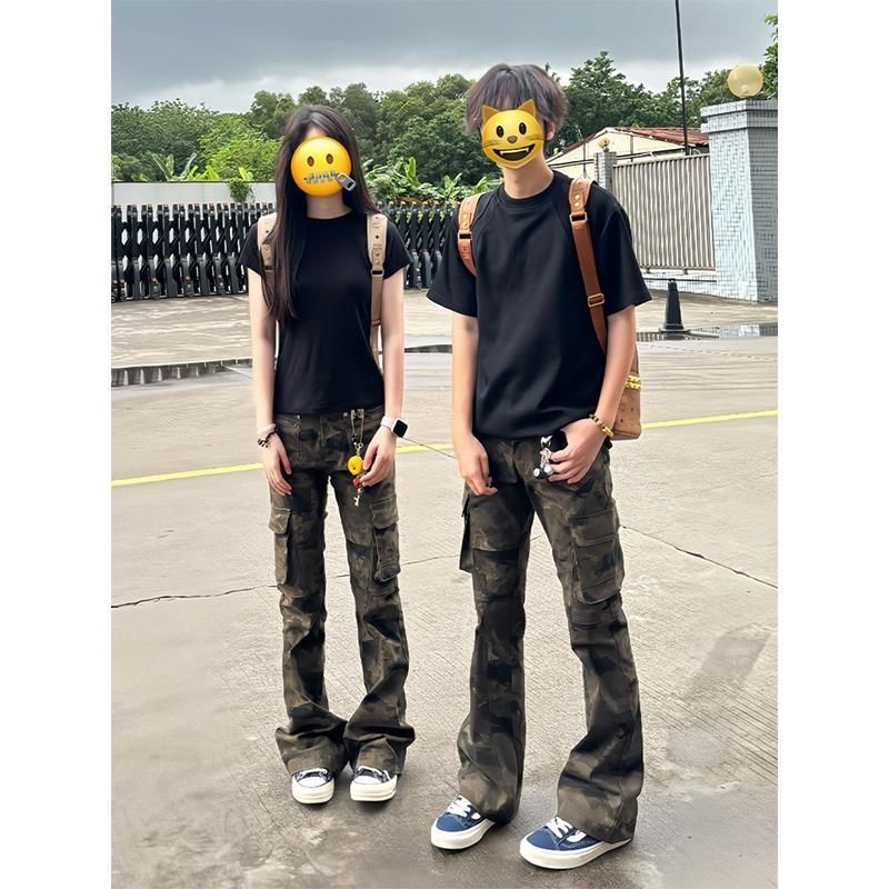 美式高街迷彩牛仔裤男款夏季薄款工装裤子修身窄版休闲直筒微喇裤,男装工装外套,星座1506