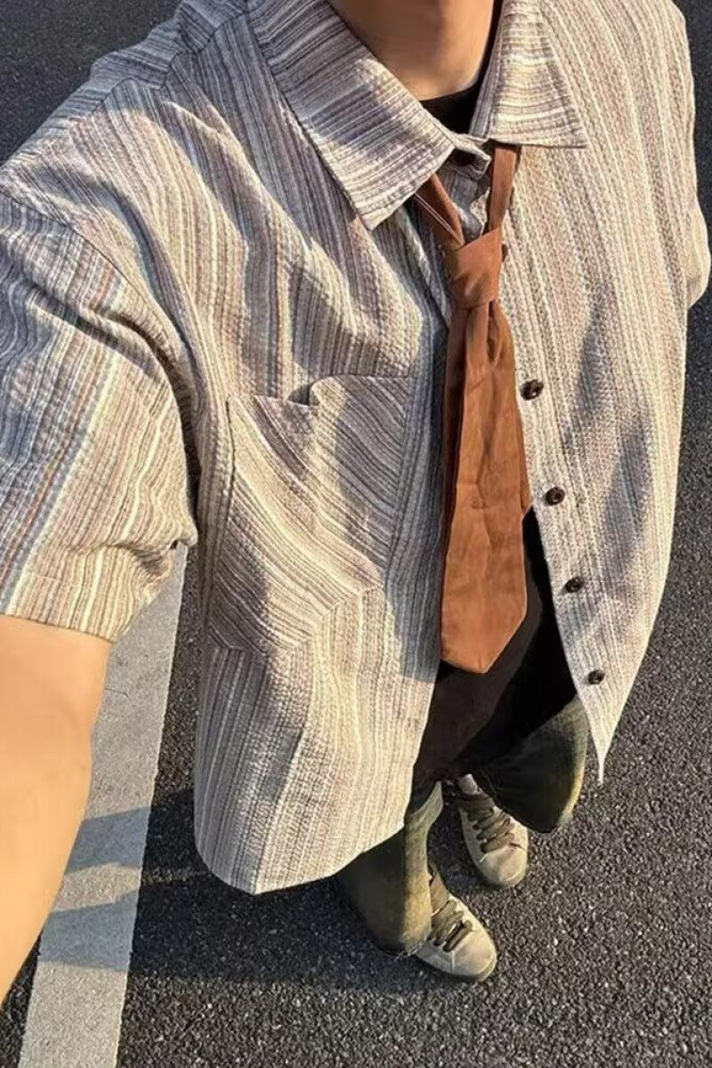 1506/QC2210/P38夏季条纹五分袖衬衫男休闲宽松领带短袖衬衣潮,男装T恤,星座1506