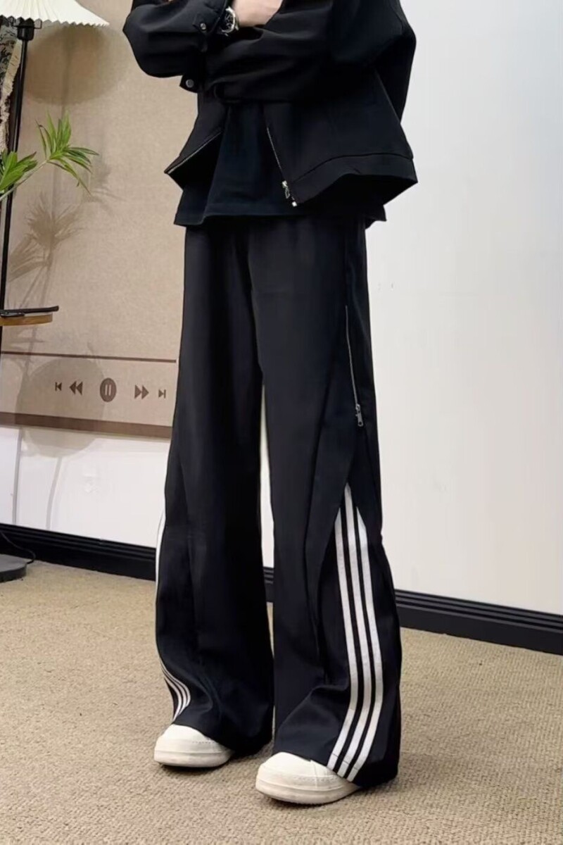 三条杠条纹侧拉链裤子男秋季潮牌美式复古街头宽松直筒阔腿休闲裤,男装休闲裤,星座1506