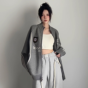 1506/QY770/P68男女美式复古字母双拉链开衫罗纹肌理针织衫2图片
