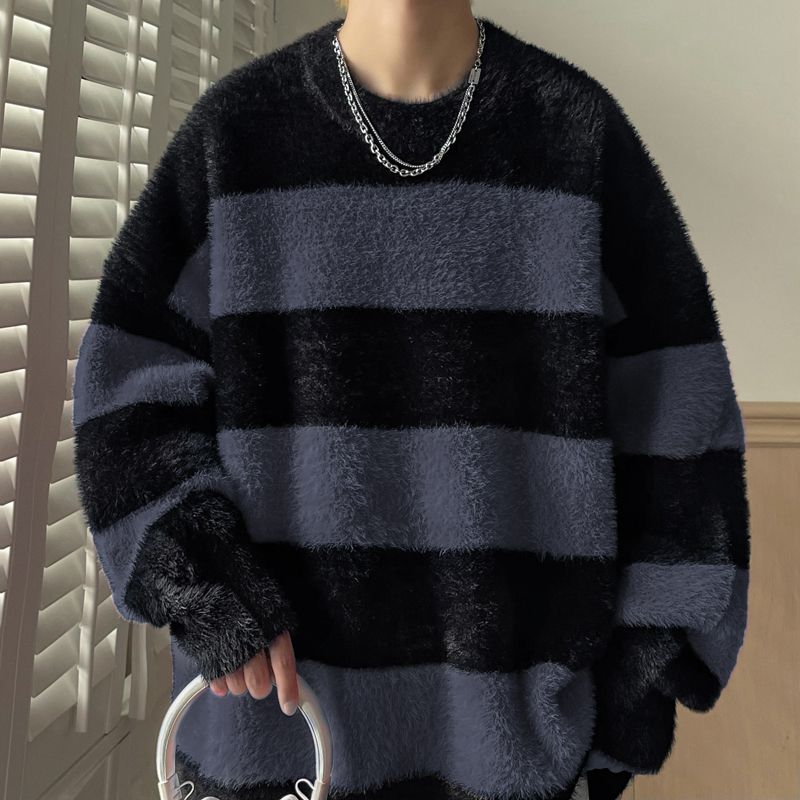 1506/MM011/55水貂绒毛衣男秋冬季黑白条纹加厚针织衫情侣上衣服2图片