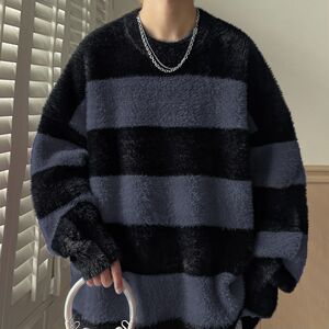 1506/MM011/55水貂绒毛衣男秋冬季黑白条纹加厚针织衫情侣上衣服2