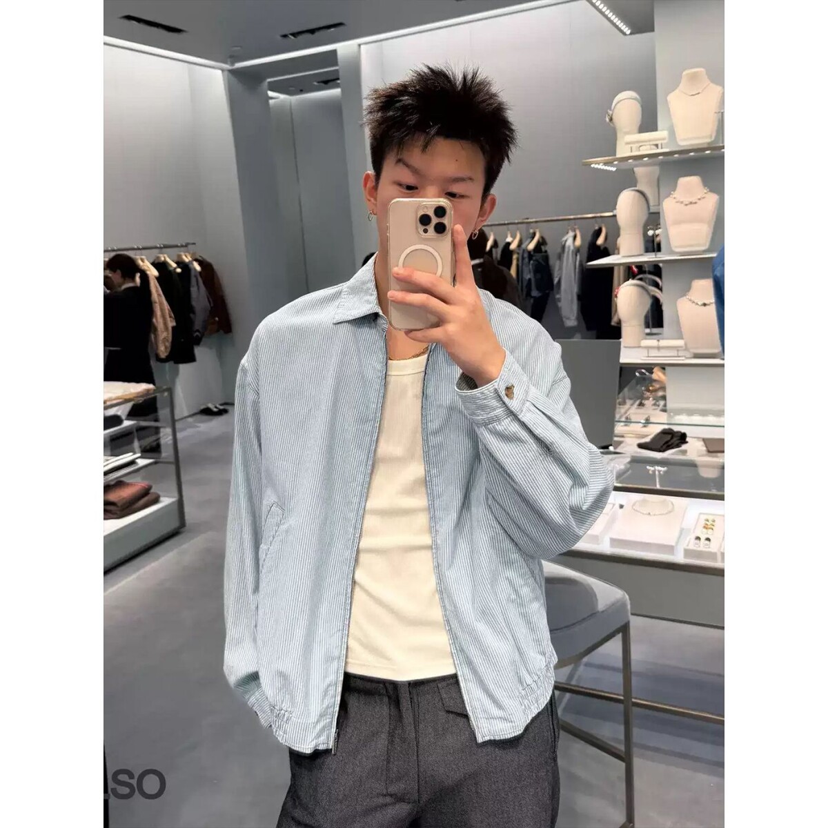 蓝白条纹短款外套男款cleanfit欧若风高级感拉链衬衫正肩翻领夹克,男装夹克,星座1506