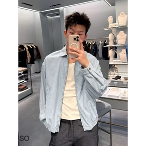 蓝白条纹短款外套男款cleanfit欧若风高级感拉链衬衫正肩翻领夹克