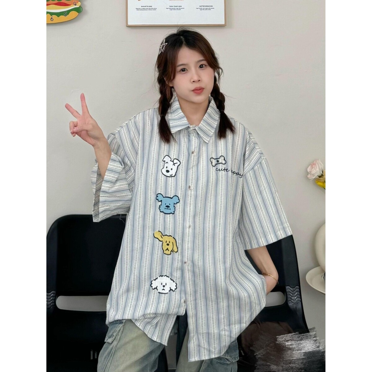 1506/Q215/P48可爱刺绣短袖衬衫男女夏季宽松休闲情侣装百搭衬衣,男装T恤,星座1506