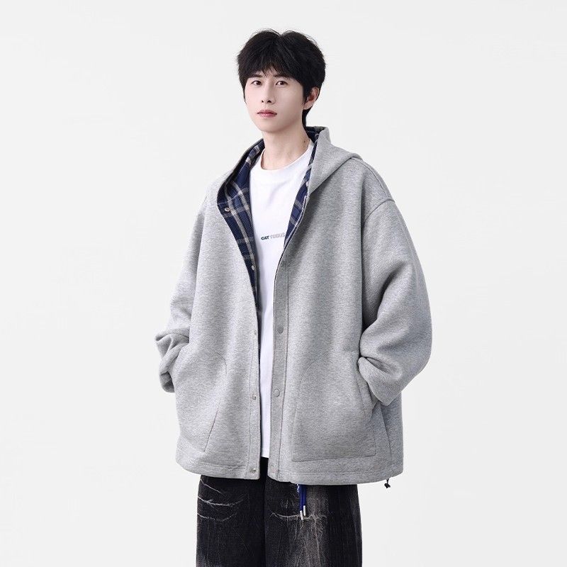 1506/QW3090/P56新款潮牌拼色美式复古男生休闲暗扣连帽外套1图片