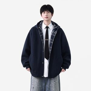 1506/QW3090/P56新款潮牌拼色美式复古男生休闲暗扣连帽外套1图片