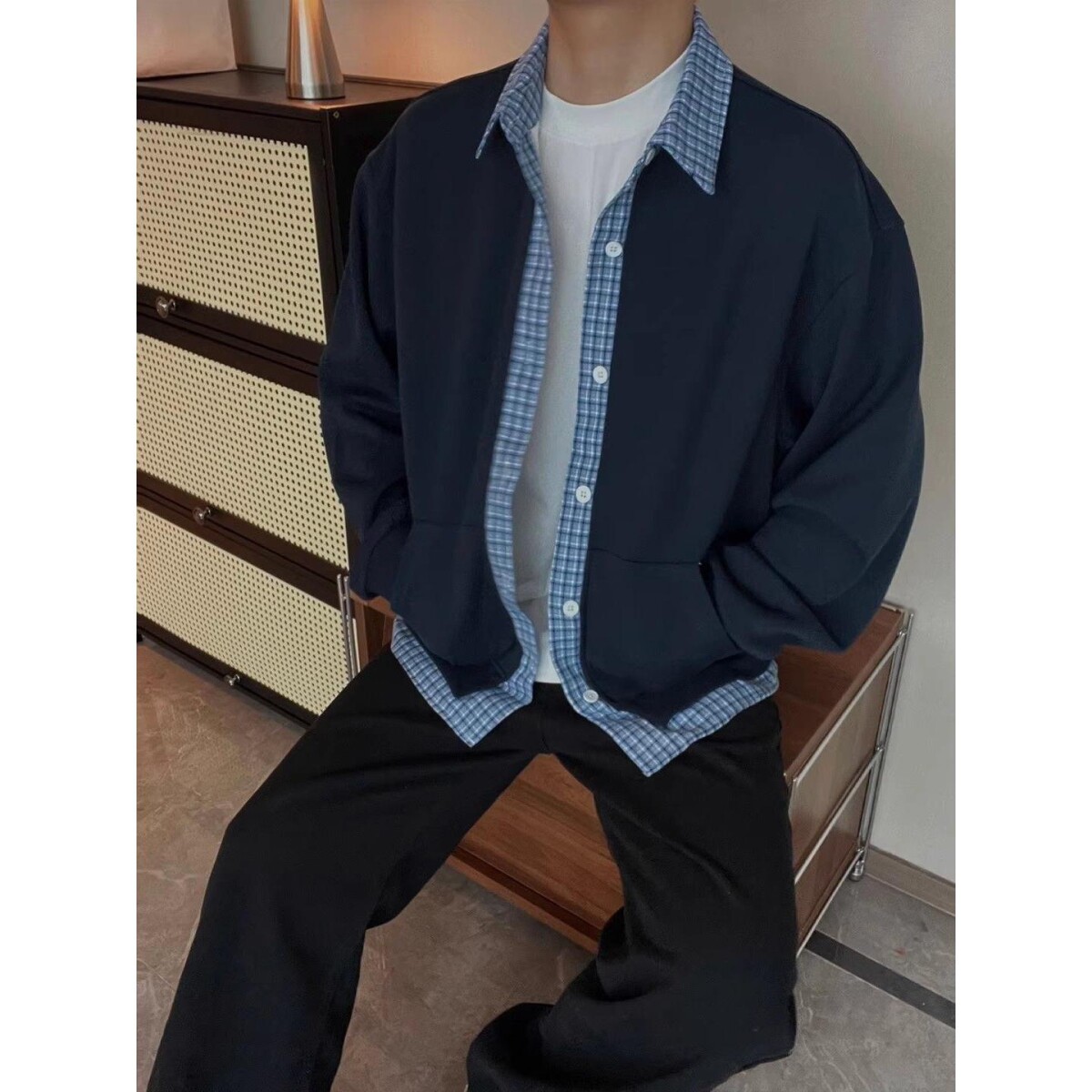 1506/Q82840/P50假两件格子情侣装衬衫领卫衣休闲百搭外套1,男装衬衫,星座1506