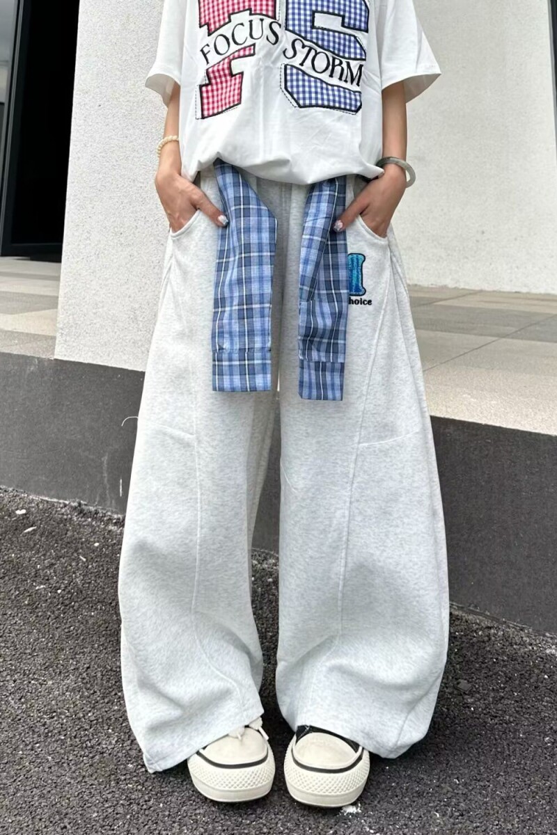 1506/QA80760/P55拼接格子裙摆结构设计卫裤男女美式复古裤1,男装休闲裤,星座1506