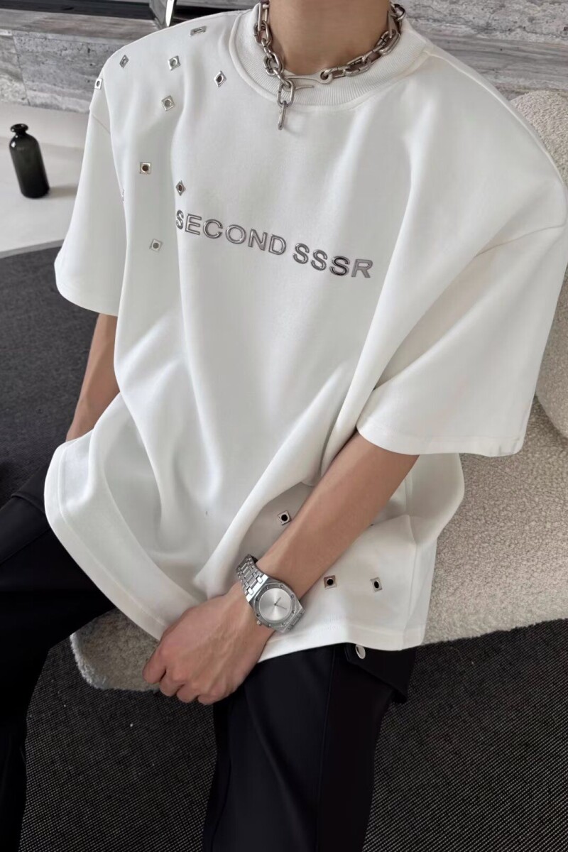 1506/QT3070/P42高街金属环短袖男女宽松小众t恤重磅半截袖穿搭1，男装T恤，星座1506