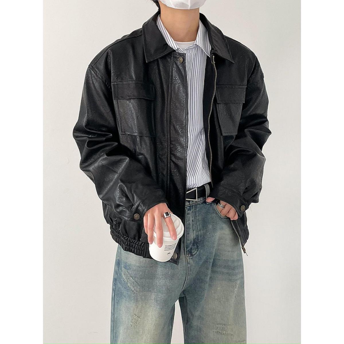1506/QW6370/P70痞帅Pu皮衣潮牌垫肩皮夹克男机车服秋冬高街外套,男装皮衣,星座1506