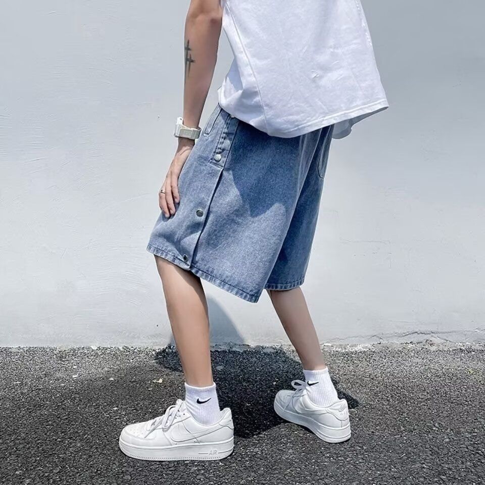 1506/Q304/P42排扣牛仔短裤男潮牌ins五分裤夏外穿薄款阔腿裤子,男装牛仔裤,星座1506