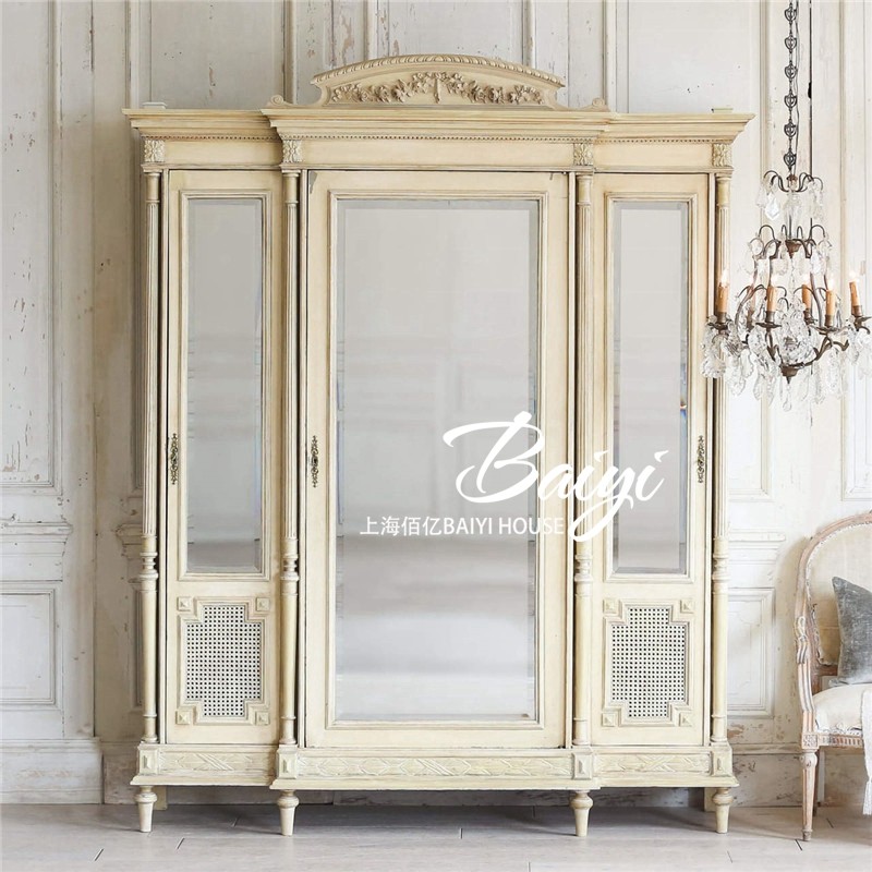 法式高端定制衣橱 美式乡村复古做旧实木雕刻四门大衣柜别墅家具