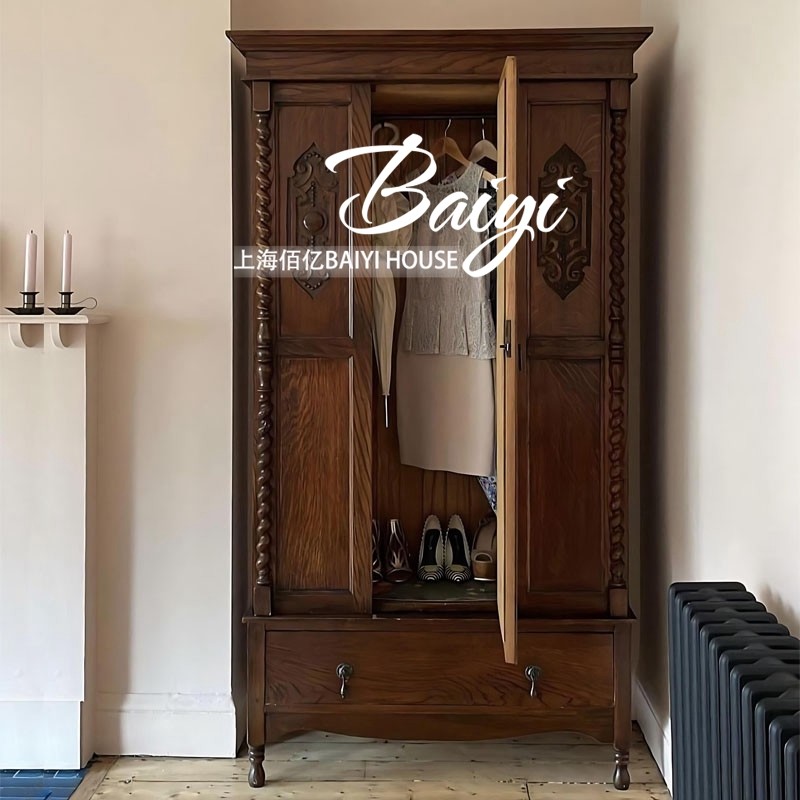 美式乡村复古南洋风衣柜储物柜法式怀旧中古实木雕刻两门衣橱收纳
