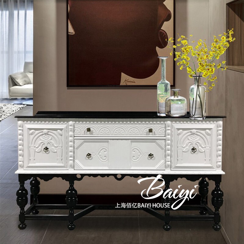 法式复古玄关柜实木雕花餐边柜客厅茶水柜美式轻奢入户门厅柜边柜