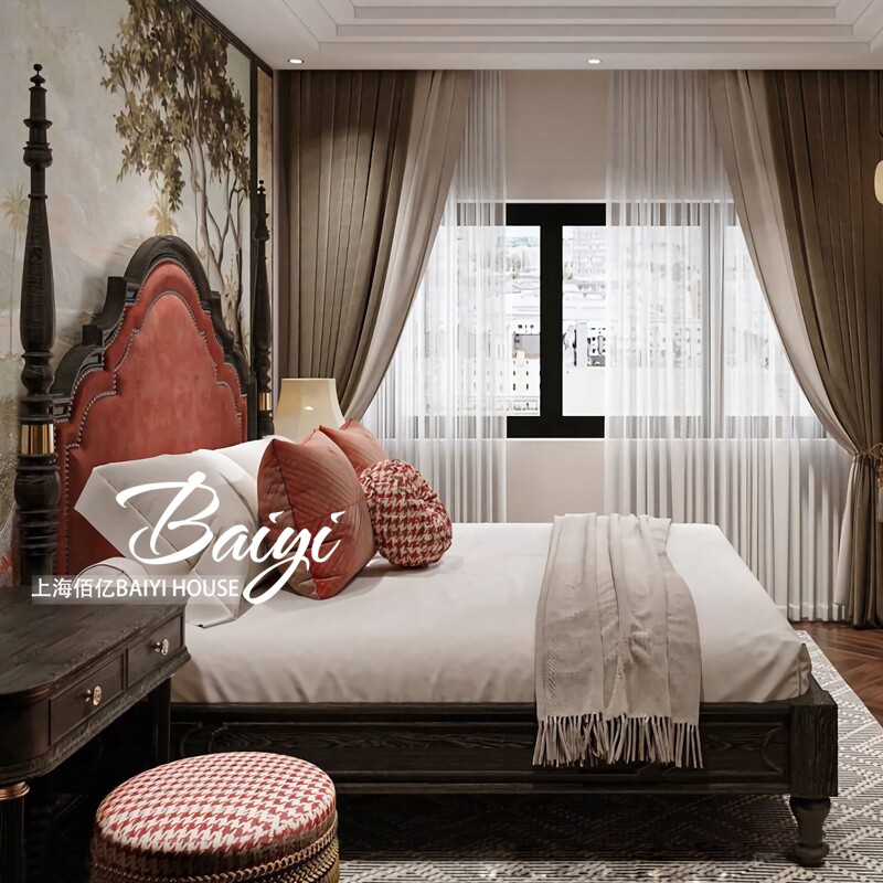 法式复古实木雕花罗马柱双人床1.8米奢华宫廷公主床美式软包大床