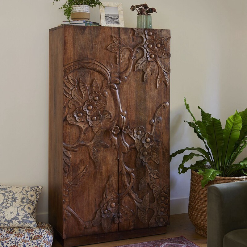 美式乡村实木雕花衣柜中古风胡桃色双门衣橱法式复古卧室置物柜