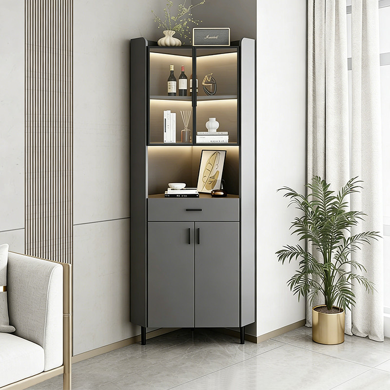 轻奢木质玻璃门角柜客厅收纳储物柜三角直角转弯拐角置物架展示柜