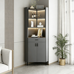 轻奢木质玻璃门角柜客厅收纳储物柜三角直角转弯拐角置物架展示柜