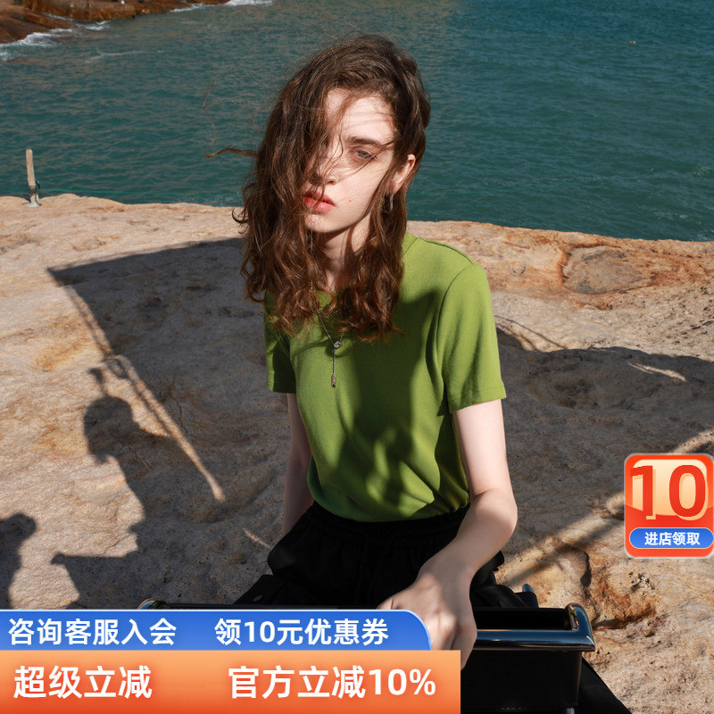 三彩ibudu2025春季新款纯色圆领T恤正肩短袖上衣套头衫简约女