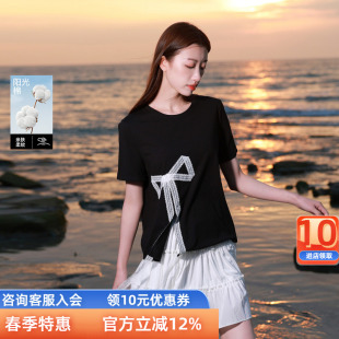 圆领T恤短袖 三彩若潮大码 新款 2025秋季 花边蝴蝶结开叉胖MM 女装