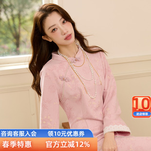 新款 2026春季 国风立领改良旗袍连衣裙印花胖MM 女装 三彩若潮大码