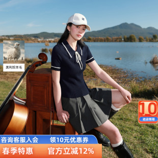 三彩若潮大码女装2026春季新款系带翻领针织衫套头短袖上衣胖MM