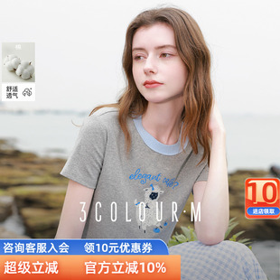 M女 三彩2025夏季 新款 小羊刺绣T恤撞色圆领正肩短袖 上衣套头衫
