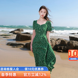 新款 2026夏季 方领连衣裙收腰绿色碎花长裙胖MM 女装 三彩若潮大码