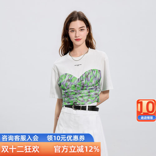 三彩ibudu2025夏季新款修身短款印花衬衣字母圆领短袖小衫套头女