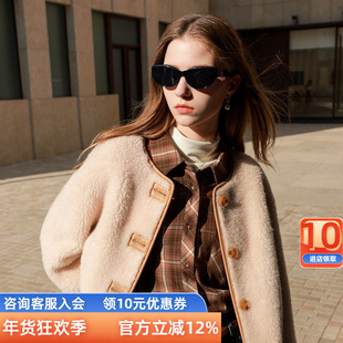 三彩女装2024冬季新款绵羊毛皮草羊羔毛外套圆领短款小个子女M