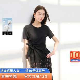 三彩若潮大码女装2026春季新款圆领T恤短袖蝴蝶结飘带黑色胖MM
