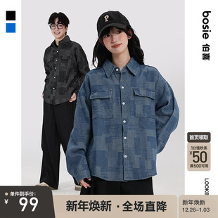 牛仔衬衫 日系复古不规则格子情侣男女工装 外套 新款 bosie2025秋季
