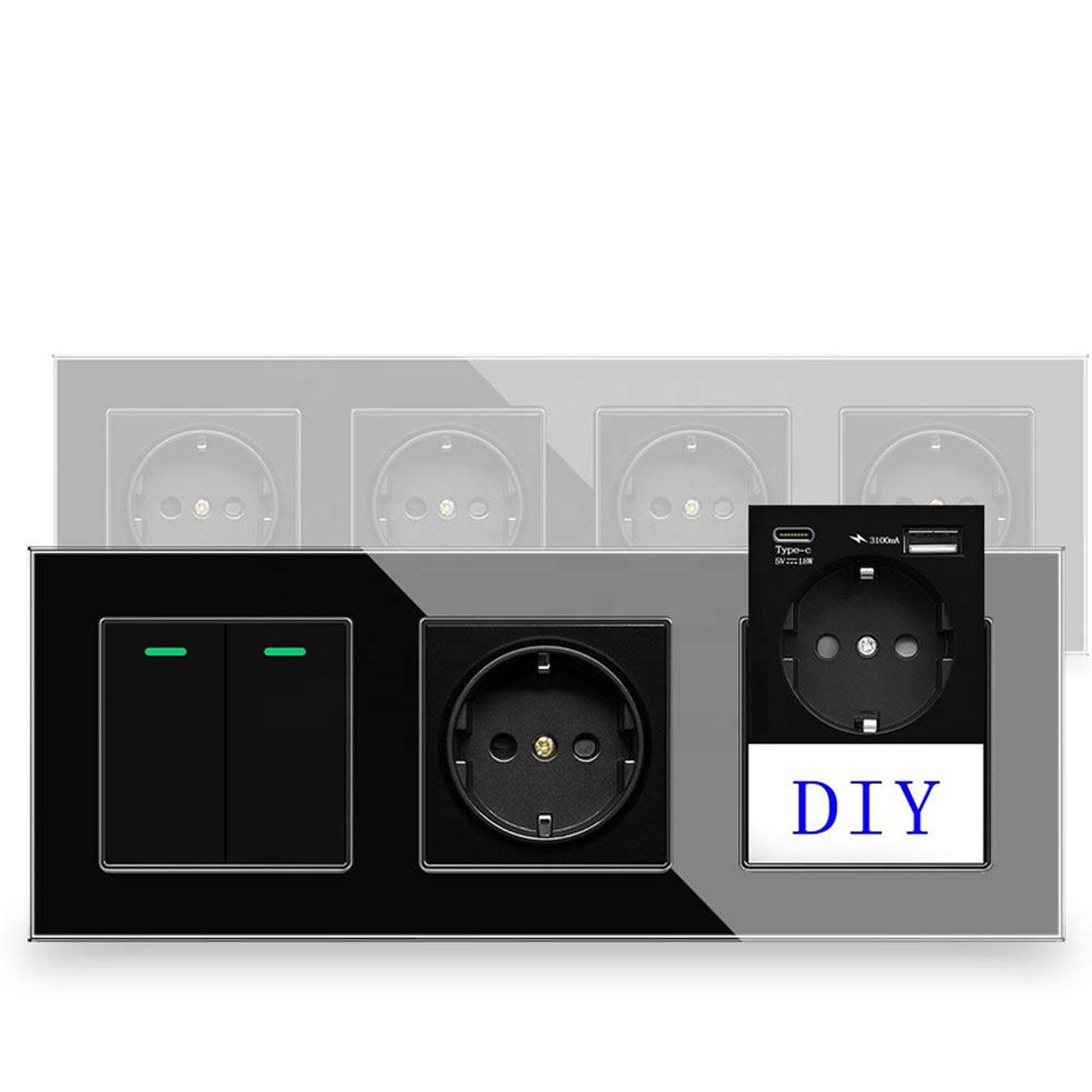 酒店连体黑色玻璃欧标一开墙壁面板 16A欧式三位联体暗装电源插座,电子/电工,开关插座套装,淘宝优惠券,粉丝福利购,淘宝优惠卷