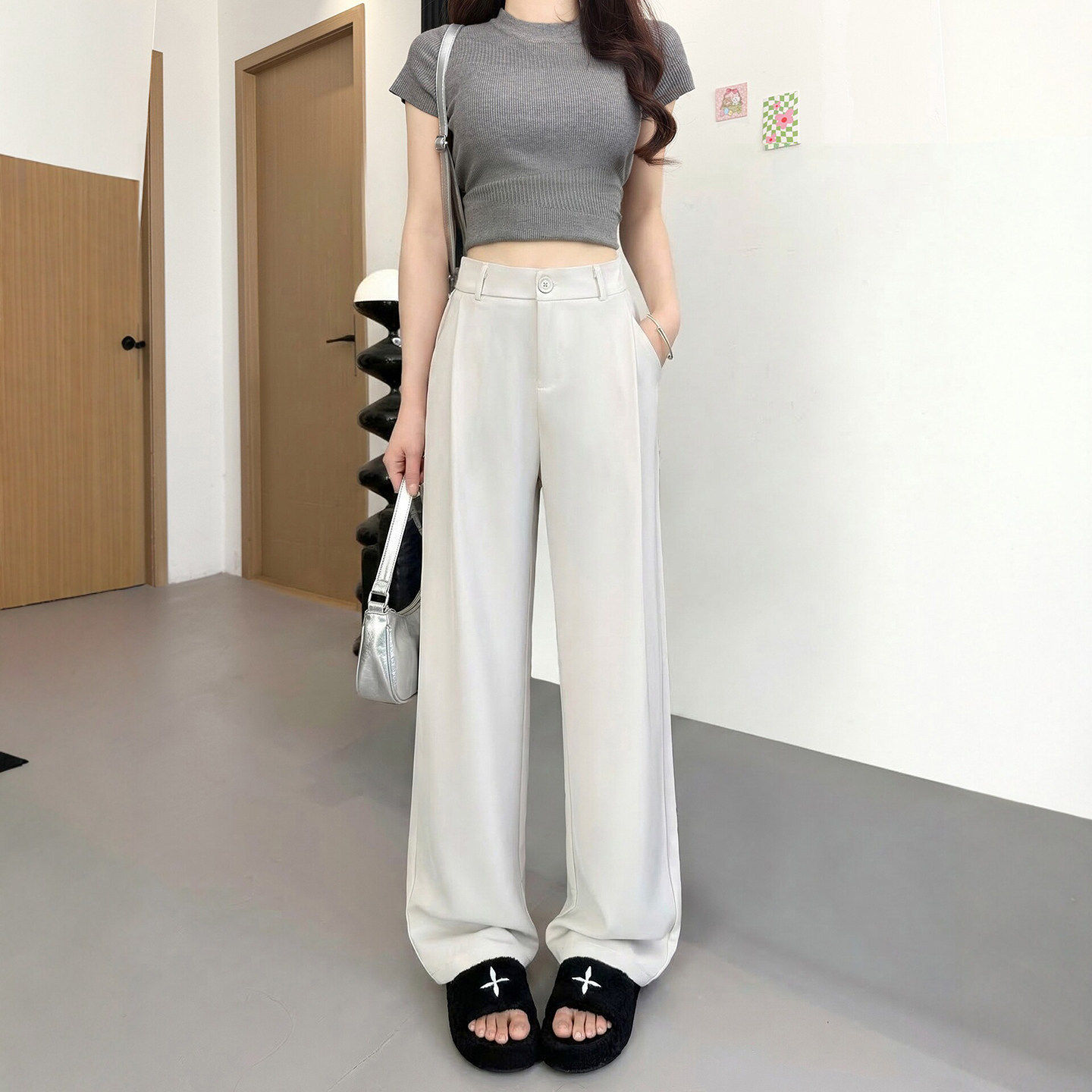 白色西装裤女夏薄款2026新款垂感休闲西裤小个子直筒窄版阔腿裤子