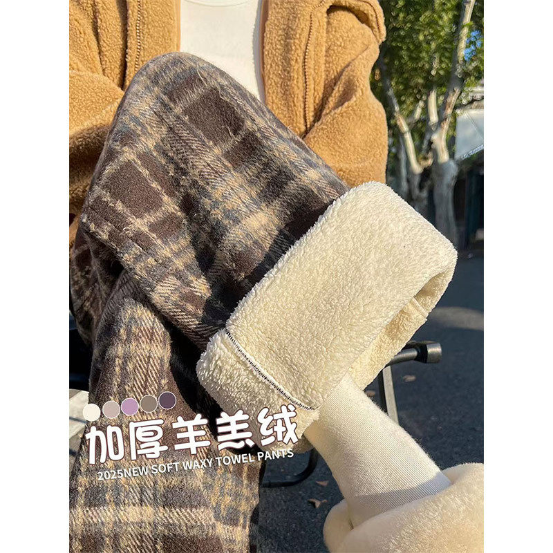 毛呢格纹阔腿裤女秋冬季新款加厚羊羔绒高腰显瘦慵懒直筒休闲裤子