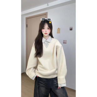 少年感假两件长袖polo衫女款春秋cleanfit内搭上衣重磅小v领卫衣