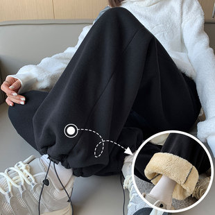 外穿直筒休闲束脚运动卫裤 加厚加绒东北棉裤 女秋冬季 羊羔绒阔腿裤