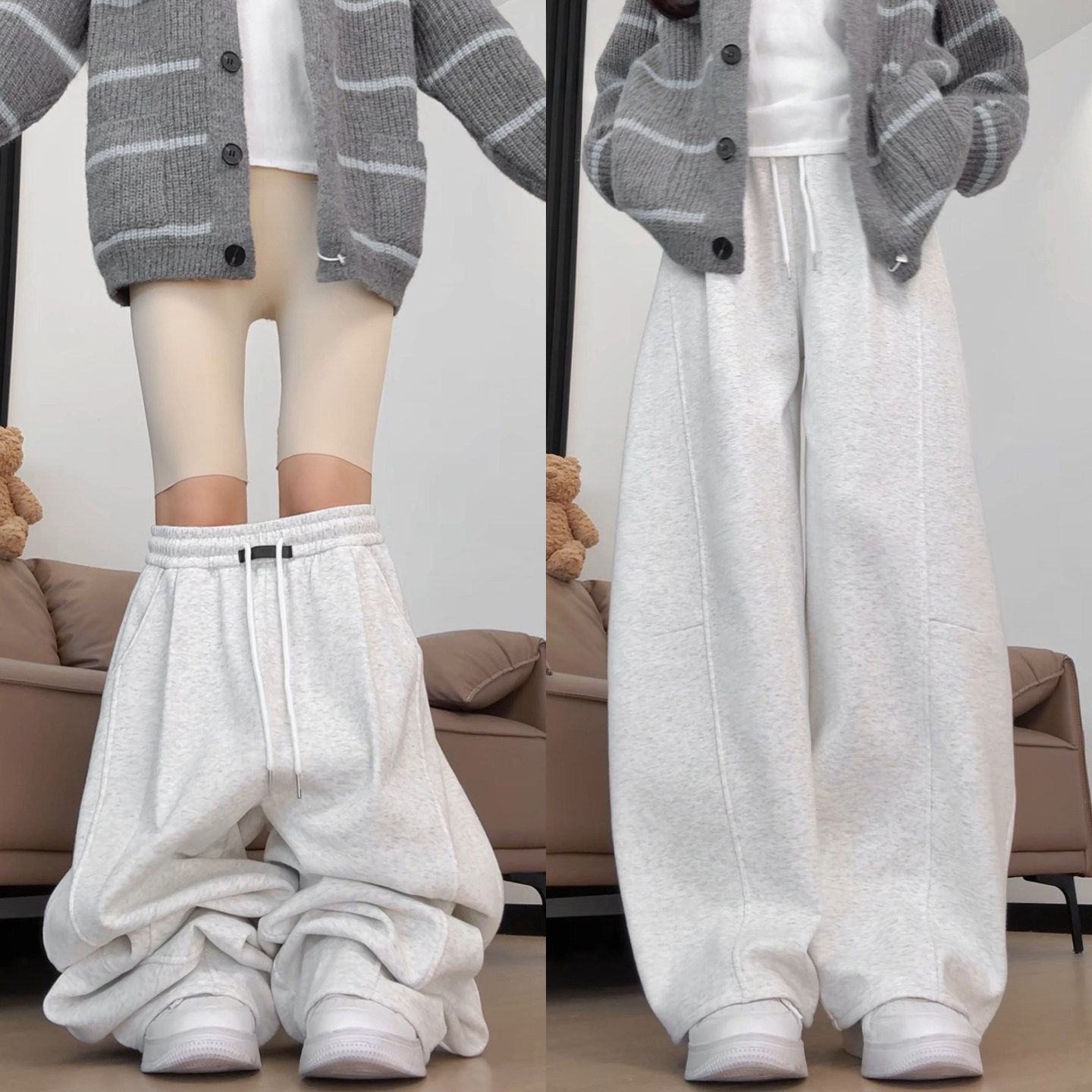 白灰色加绒运动裤子女秋冬加厚胖mm大码棉裤外穿宽松阔腿弯刀卫裤,女装/女士精品,休闲裤,淘宝优惠券,粉丝福利购,淘宝优惠卷