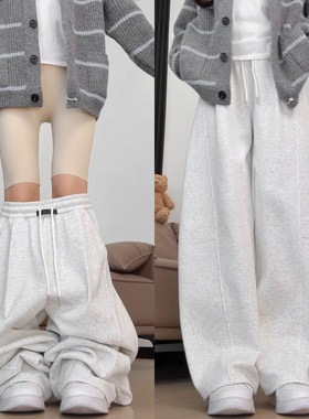 白灰色加绒运动裤子女秋冬加厚胖mm大码棉裤外穿宽松阔腿弯刀卫裤