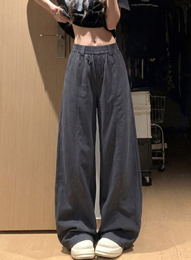 灰色弯刀工装裤女夏季薄2026新款高腰垂感窄版小个子宽松阔腿裤子