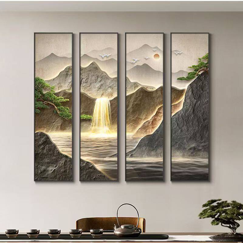 中堂生财山水画四联流水挂画装饰海报/色纸
