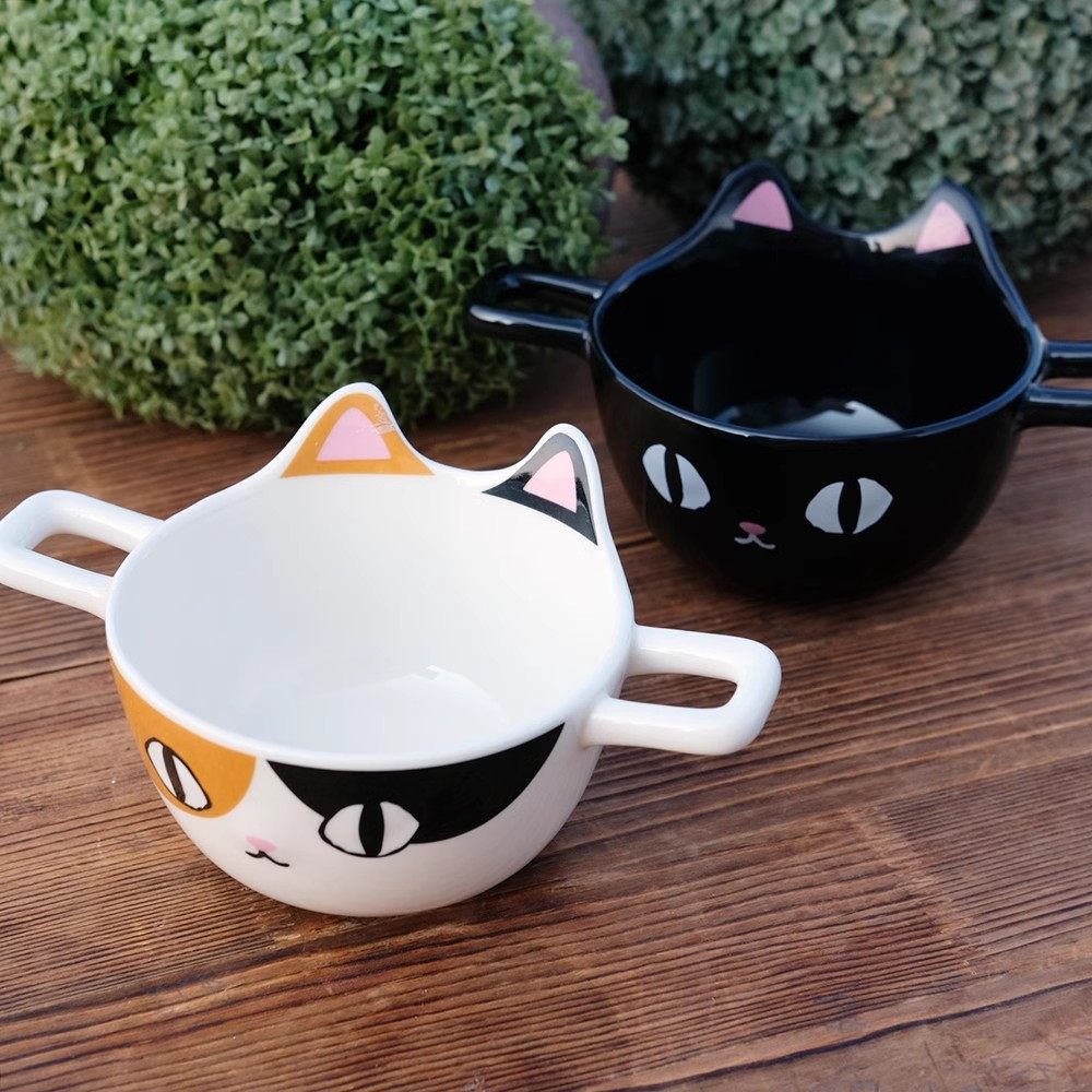 日本订单陶瓷丑萌丑萌带手柄的猫咪三花黑猫深碗儿童汤碗烤碗饭碗