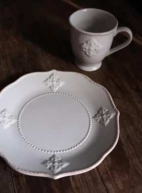 美国lenox陶瓷法式珍珠做旧复古雪花浮雕餐盘马克杯水杯咖啡杯