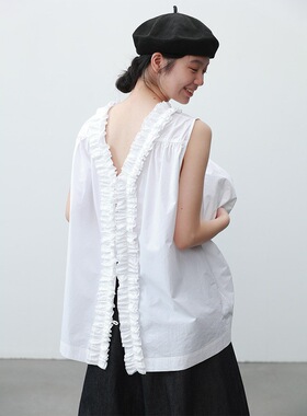 sannai nut 花瓣领无袖衬衫两面穿小衫女白色法式通勤上衣