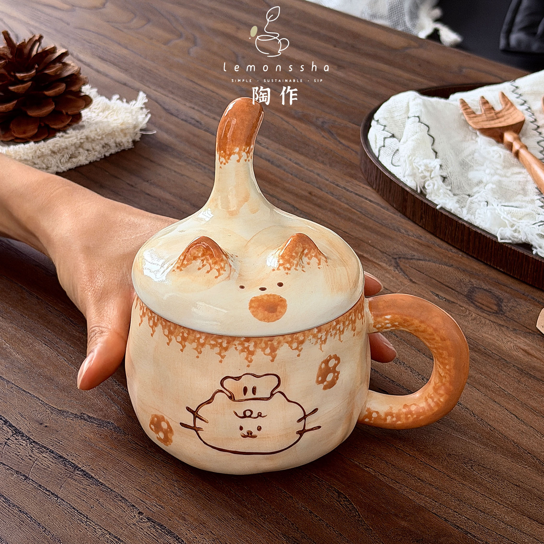 可爱焦黄厨师猫咪马克杯