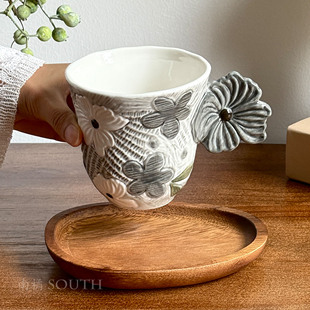 复古手作下彩釉浮雕隐花季陶瓷马克杯大容量水杯咖啡杯子小众礼物