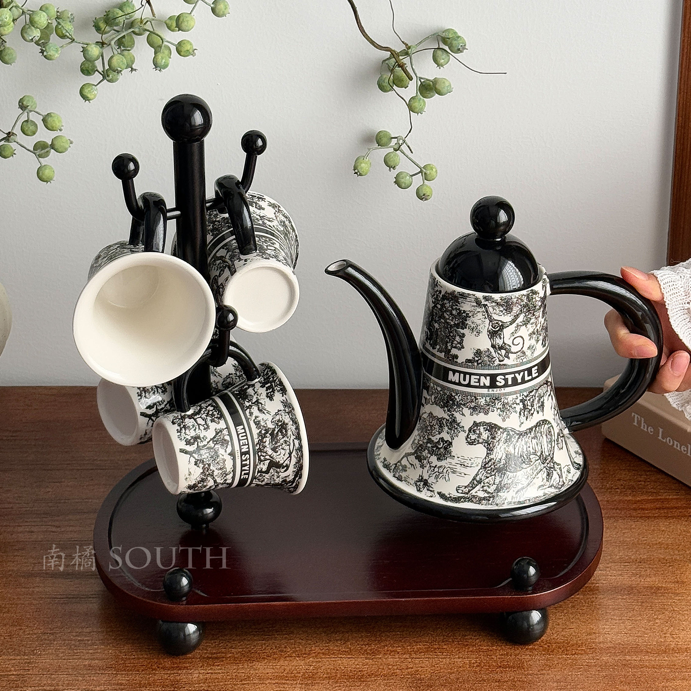 轻奢复古黑丛林陶瓷水具套装家用乔迁茶壶喝水杯高级感乔迁礼盒装